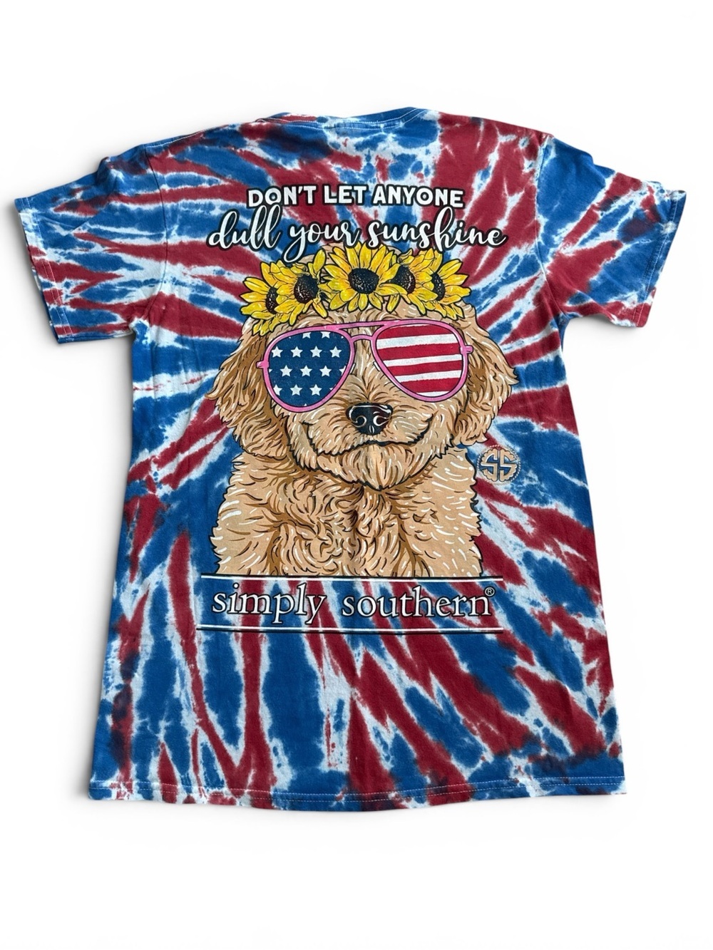 Simply Southern Red/White/Blue Tie-Dye Dog Graphic Tee size Small